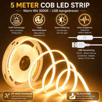 USB LED Strip 5 Meter Warm Wit 3000K - COB LED Verlichting - Zelfklevend, Flexibel &amp; Op Maat Knipbaar 