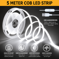 USB LED Strip 5 Meter Koud Wit 6500K &ndash; COB LED Verlichting voor Helder en Modern Licht