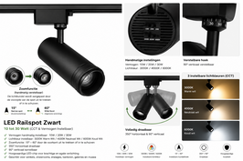 LED Railspot Zwart - 10 tot 30 Watt&nbsp;(CCT, handmatig instelbaar) Lichtkleur: instelbaar naar 3000K, 4000K, 6000K (CCT, handmatig instelbaar)