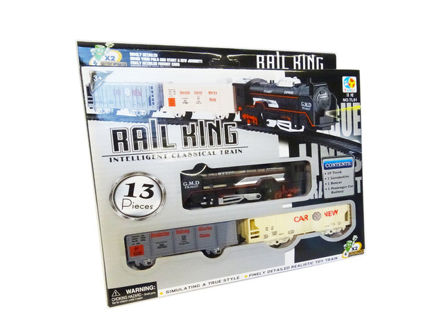 Speelgoed Trein set 13 stuks - Rail Baan 68x68 - met licht en kan rijden - Rail King&nbsp;