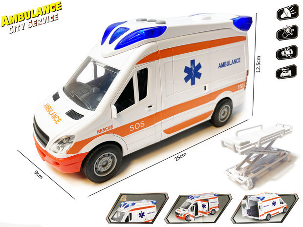 Ambulance speelgoed voertuig 25cm - pull back aandrijving - met sirene-geluid en lichtjes op - S.O.S 112 