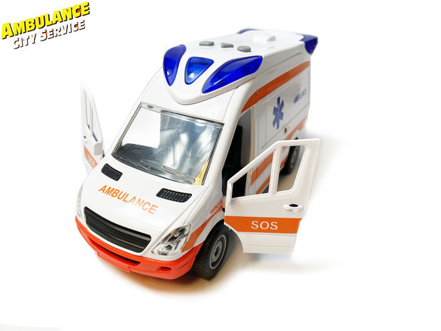 Ambulance speelgoed voertuig 25cm - pull back aandrijving - met sirene-geluid en lichtjes op - S.O.S 112 