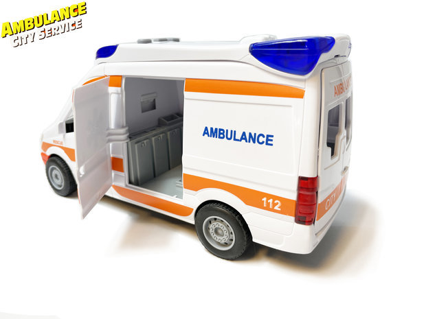 Ambulance speelgoed voertuig 25cm - pull back aandrijving - met sirene-geluid en lichtjes op - S.O.S 112 