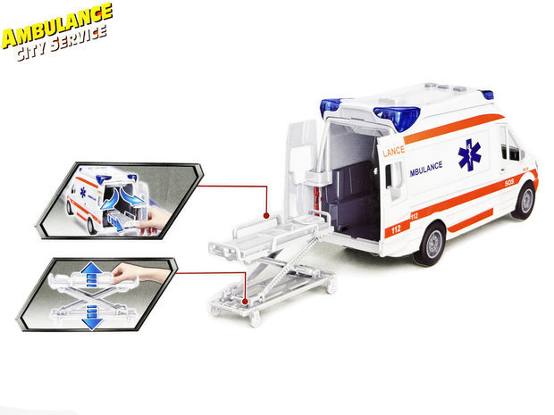 Ambulance speelgoed voertuig 25cm - pull back aandrijving - met sirene-geluid en lichtjes op - S.O.S 112 