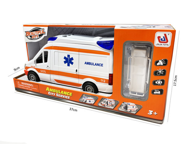 Ambulance speelgoed voertuig 25cm - pull back aandrijving - met sirene-geluid en lichtjes op - S.O.S 112 