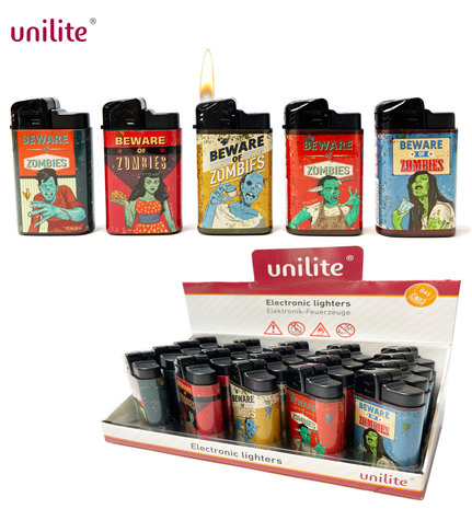 Briquets Unilite Click - rechargeables - 20 pcs. dans un pr&eacute;sentoir - Impression zombie