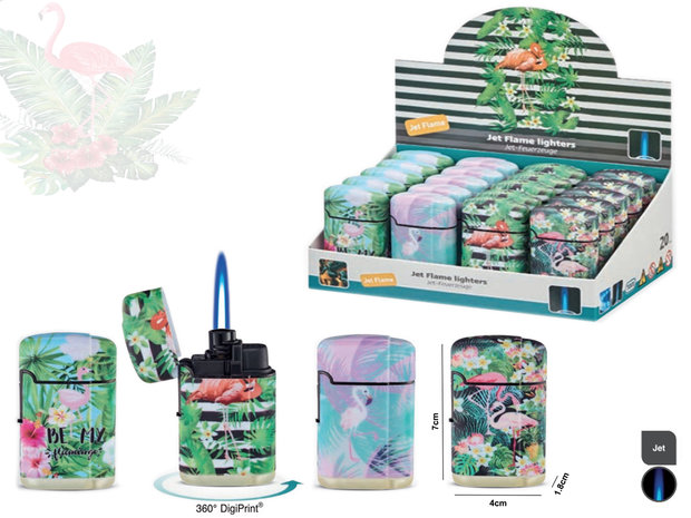 Jet Flame turbo aanstekers - 20 stuks in display - 360&deg; Flamingo print branders - soft touch