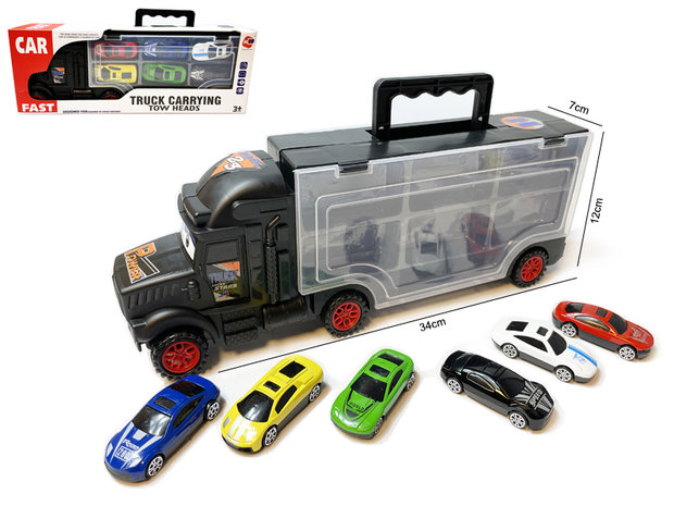 Vrachtwagen transporter truck - met mini auto&#039;s - transporter 6-delig set koffer - 34CM