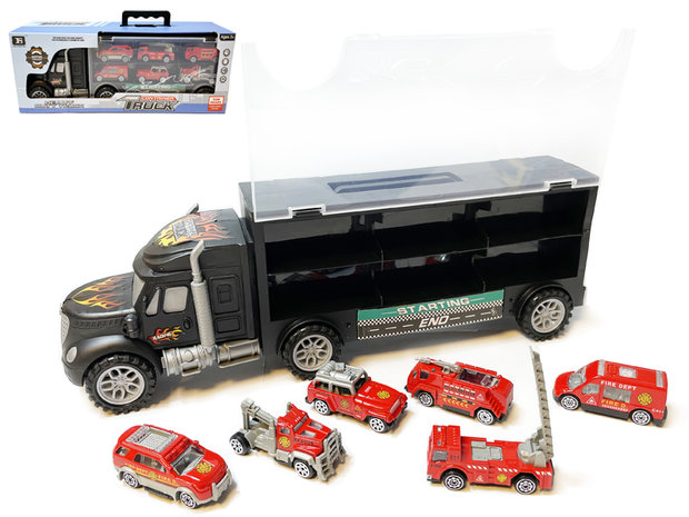 Brandweer vrachtwagen transporter truck - 6-delig set koffer - 39cm