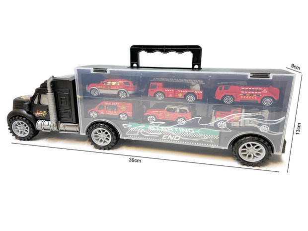 Brandweer vrachtwagen transporter truck - 6-delig set koffer - 39cm