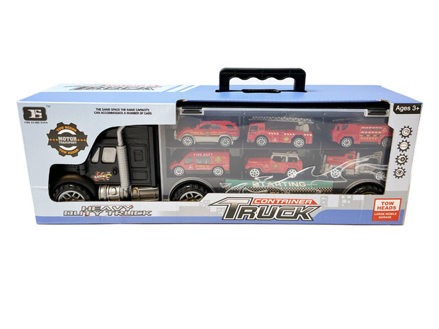 Brandweer vrachtwagen transporter truck - 6-delig set koffer - 39cm