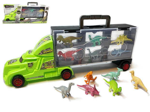 Dinosaurus vrachtwagen transporter truck - 12 in 1 set - koffer - Oplegger - 38.5cm