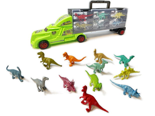 Dinosaurus vrachtwagen transporter truck - 12 in 1 set - koffer - Oplegger - 38.5cm