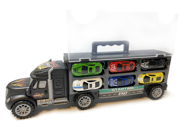Vrachtwagen transporter truck - mini auto&#039;s 6-delig set koffer - Oplegger voor 12 auto&#039;s- 39CM