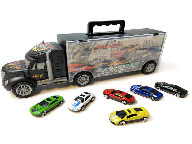 Vrachtwagen transporter truck - mini auto&#039;s 6-delig set koffer - Oplegger voor 12 auto&#039;s- 39CM