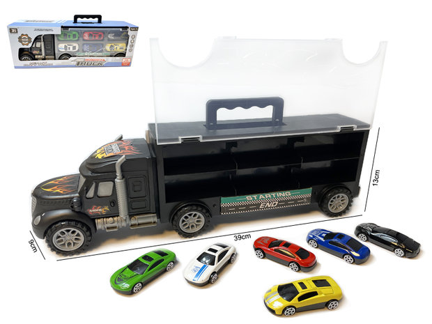 Vrachtwagen transporter truck - mini auto&#039;s 6-delig set koffer - Oplegger voor 12 auto&#039;s- 39CM