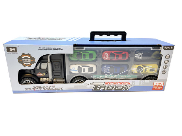 Vrachtwagen transporter truck - mini auto&#039;s 6-delig set koffer - Oplegger voor 12 auto&#039;s- 39CM