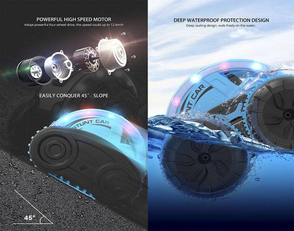 Rc stunt auto en boot 2in1 Amphibious - 2.4GHZ 4WD - verwisselbare banden - LED Lights, Waterproof