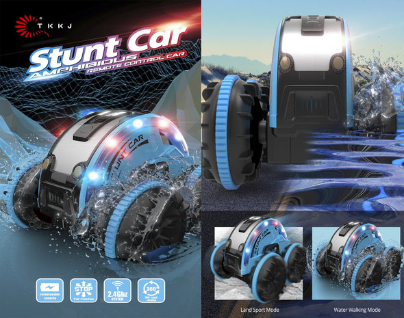 Rc stunt auto en boot 2in1 Amphibious - 2.4GHZ 4WD - verwisselbare banden - LED Lights, Waterproof