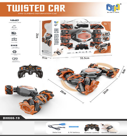 RC Stunt Twisted Car 4WD 2.4GHz - transformer auto - LED lichtjes en Muziek - Incl. horloge en afstandsbediening