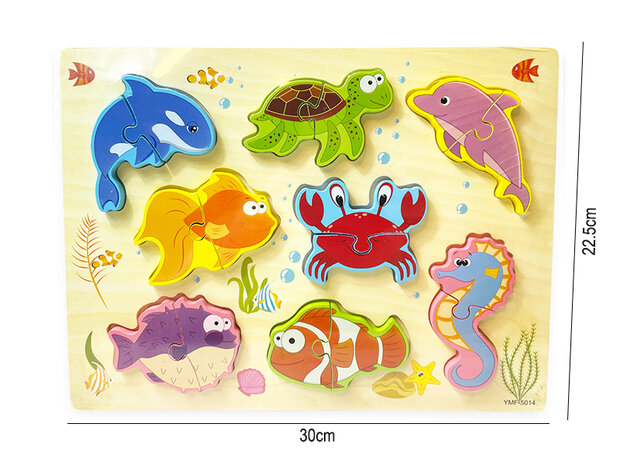 Houten inlegpuzzel zeedieren - vormen puzzel bord speelgoed - 30x22.5 CM