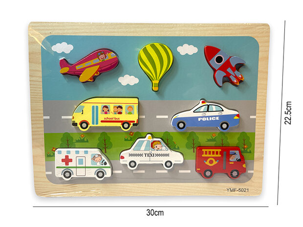 Houten puzzelbord voertuigen - vormen inlegpuzzel puzzel speelgoed - 30x22.5 CM