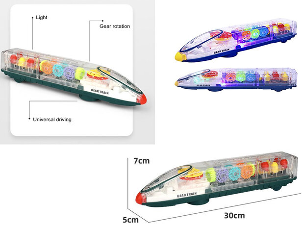 TRANSPARANT TREIN MET LICHT EN GELUID - KAN ALLE KANTEN RIJDEN - GEAR TRAIN - 30CM