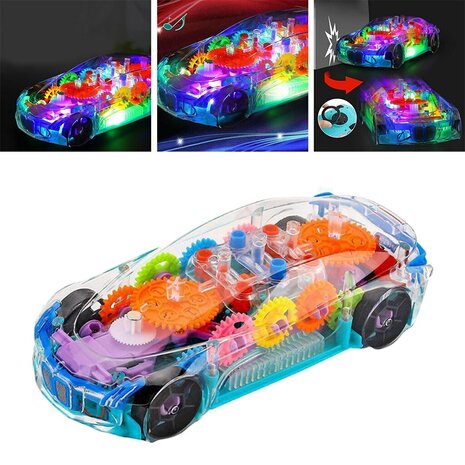 speelgoed auto - Gear Racing Car -  transparant - met muziek en LED lichtjes - kan automatisch rijden - 18CM