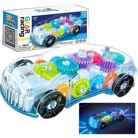 speelgoed auto - Gear Racing Car -  transparant - met muziek en LED lichtjes - kan automatisch rijden - 18CM