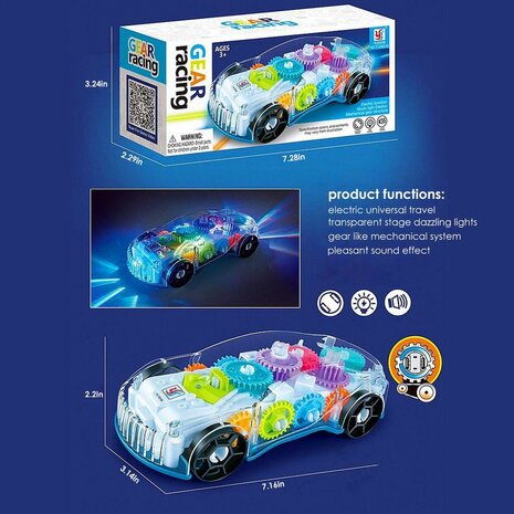 speelgoed auto - Gear Racing Car -  transparant - met muziek en LED lichtjes - kan automatisch rijden - 18CM