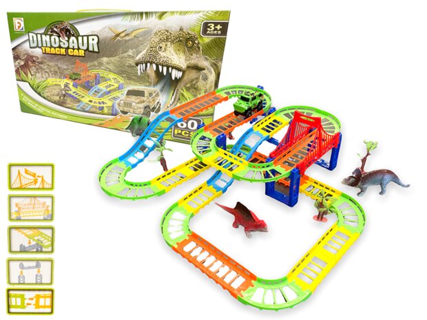 Racebaan set Dinosaurus - Track car set 60 stuks - inclusief dino&#039;s + auto en toebehoren