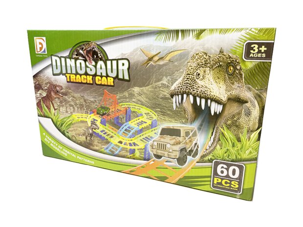 Racebaan set Dinosaurus - Track car set 60 stuks - inclusief dino&#039;s + auto en toebehoren