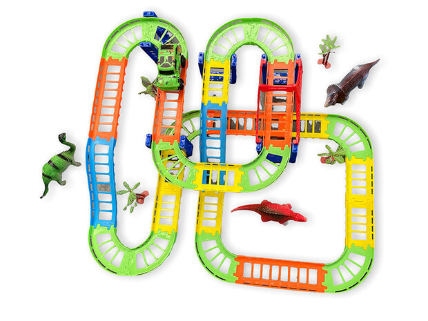 Racebaan set Dinosaurus - Track car set 60 stuks - inclusief dino&#039;s + auto en toebehoren