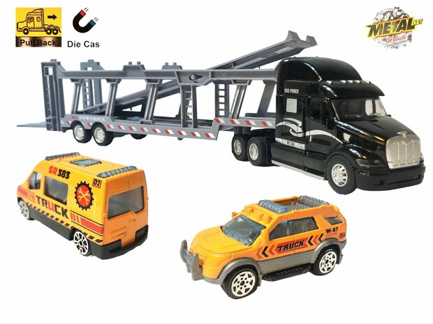 Truck car transporter + 2 mini 3in1 - pull-back drive.