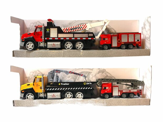 DIE-CAST Truck Autotransporter + Feuerwehrauto 2in1 - R&uuml;ckzugsantrieb.