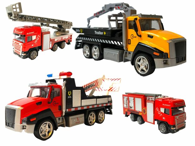 DIE-CAST Truck Autotransporter + Feuerwehrauto 2in1 - R&uuml;ckzugsantrieb.