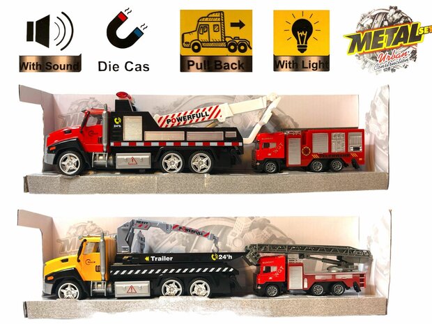 DIE-CAST Vrachtwagen autotransporter&nbsp;+ brandweerauto 2in1 - pull-back drive.