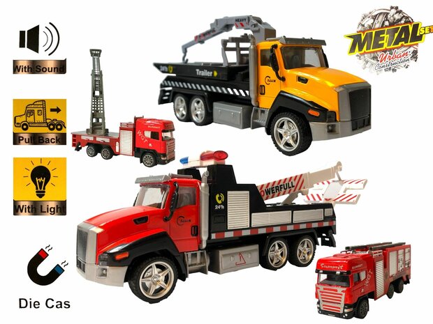 DIE-CAST Truck Autotransporter + Feuerwehrauto 2in1 - R&uuml;ckzugsantrieb.