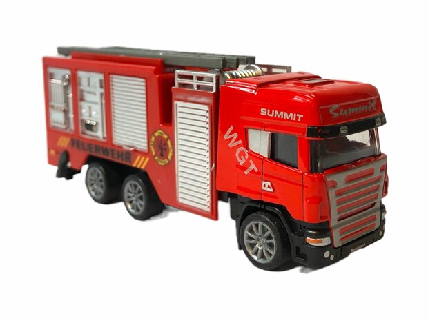 DIE-CAST Truck Autotransporter + Feuerwehrauto 2in1 - R&uuml;ckzugsantrieb.