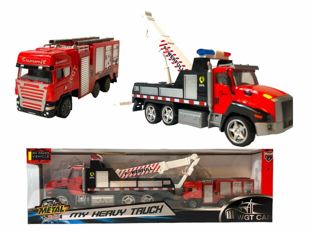 DIE-CAST Vrachtwagen autotransporter&nbsp;+ brandweerauto 2in1 - pull-back drive.