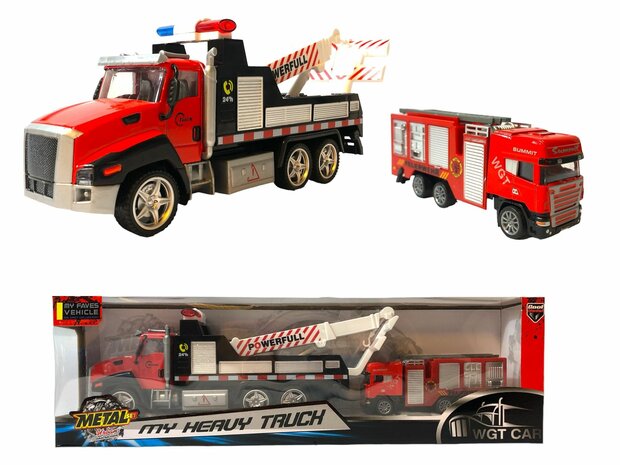 DIE-CAST Truck Autotransporter + Feuerwehrauto 2in1 - R&uuml;ckzugsantrieb.