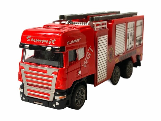 DIE-CAST Vrachtwagen autotransporter&nbsp;+ brandweerauto 2in1 - pull-back drive.