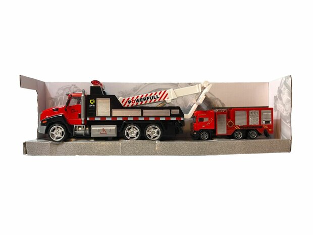 DIE-CAST Truck car transporter + fire engine 2in1 - pull-back drive.