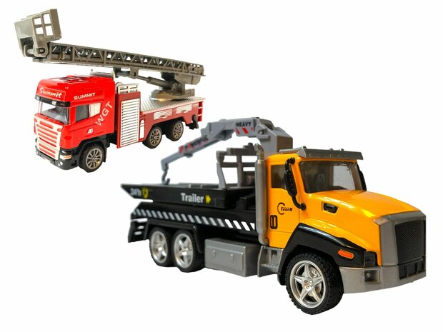 DIE-CAST Vrachtwagen autotransporter&nbsp;+ brandweerauto 2in1 - pull-back drive.