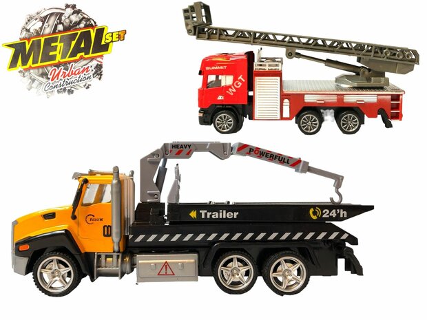 DIE-CAST Truck car transporter + fire engine 2in1 - pull-back drive.