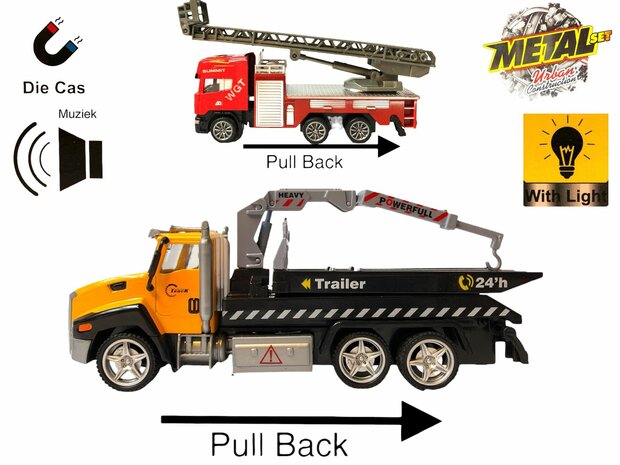 DIE-CAST Vrachtwagen autotransporter&nbsp;+ brandweerauto 2in1 - pull-back drive.