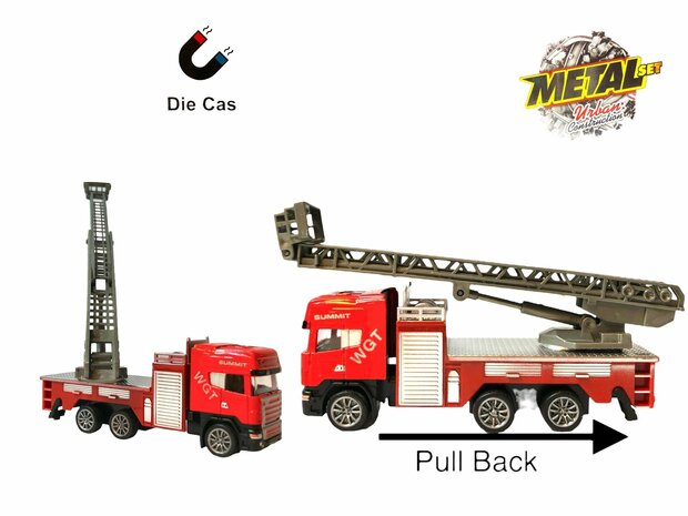 DIE-CAST Truck car transporter + fire engine 2in1 - pull-back drive.