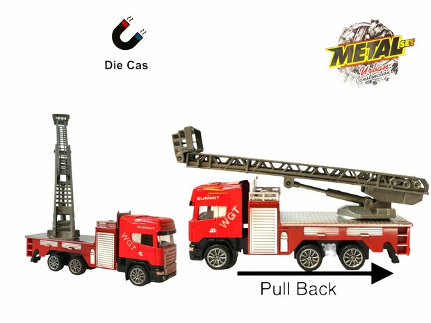 DIE-CAST Vrachtwagen autotransporter&nbsp;+ brandweerauto 2in1 - pull-back drive.