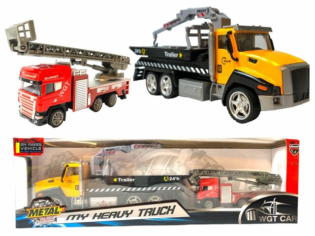 DIE-CAST Truck Autotransporter + Feuerwehrauto 2in1 - R&uuml;ckzugsantrieb.