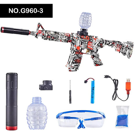 Gel Blaster- Elektrische geweer  - Red Graffiti  M4- compleet set - oplaadbaar - 75CM